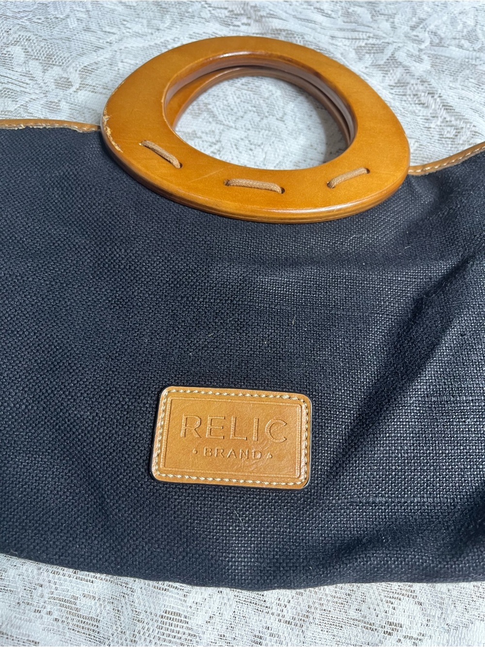 RELIC Canvas Patchwork Satchel Handbag with Wood Handles - Picture 3 of 10